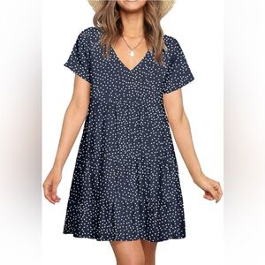 Women’s Navy Polka Dot V‑Neck Tiered Dress